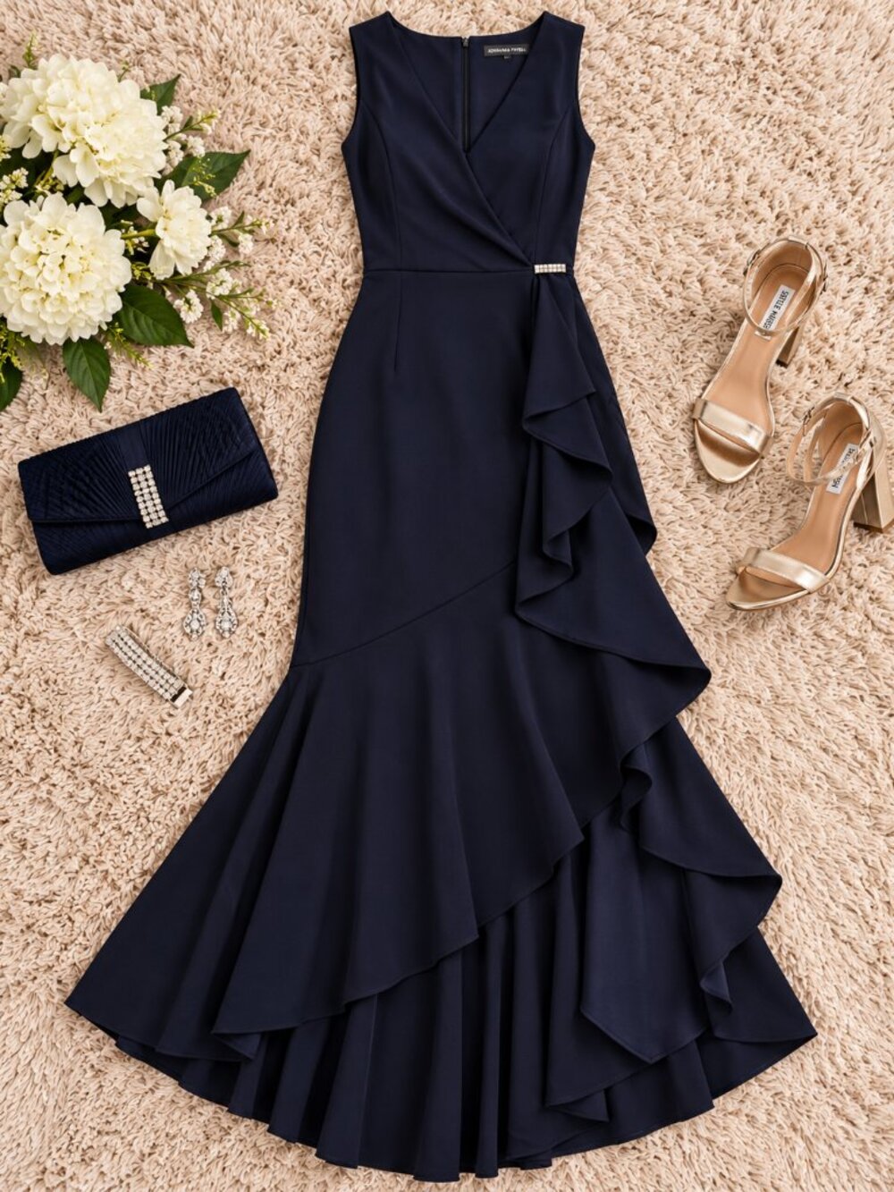 Adrianna Papell Midnight Navy Ruffle High Low Formal Gown Dress Size 8 NWT